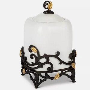 GG Collection SMALL White Stoneware Canister w/Metal & Gold Leaf Base NEW+ VHTF